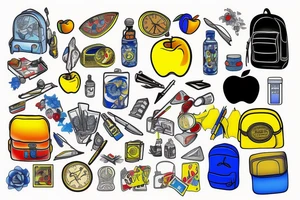 blue backpack, yellow pencil, red apple, tattoo idea