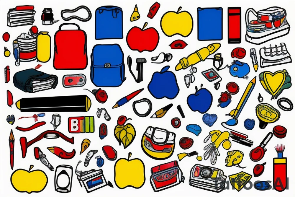 blue backpack, yellow pencil, red apple, tattoo idea