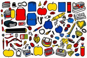 blue backpack, yellow pencil, red apple, tattoo idea