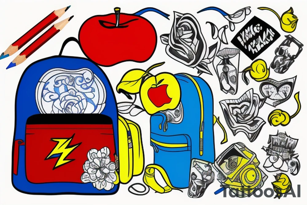 blue backpack, yellow pencil, red apple, tattoo idea