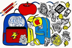 blue backpack, yellow pencil, red apple, tattoo idea
