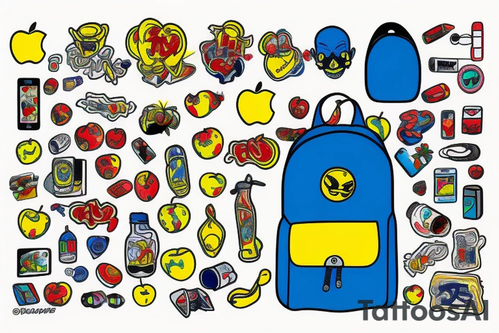 blue backpack, yellow pencil, red apple, tattoo idea
