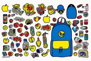 blue backpack, yellow pencil, red apple, tattoo idea
