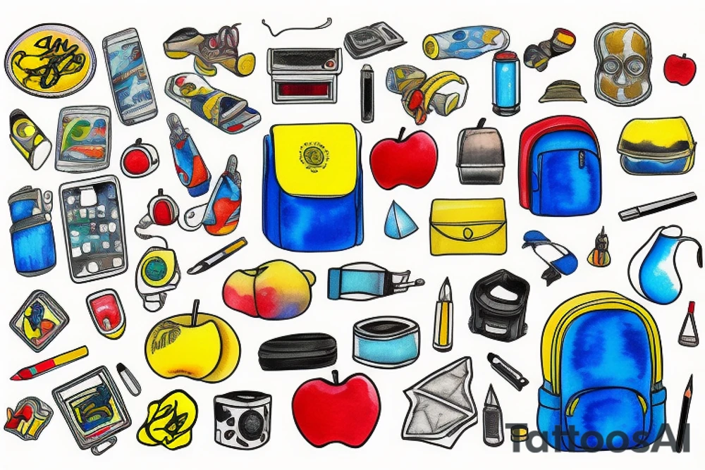 blue backpack, yellow pencil, red apple, tattoo idea