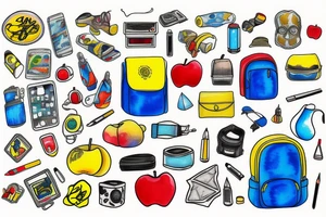 blue backpack, yellow pencil, red apple, tattoo idea