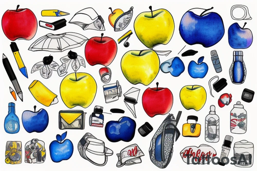 blue backpack, yellow pencil, red apple, tattoo idea