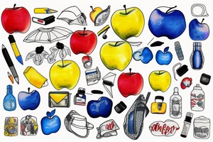 blue backpack, yellow pencil, red apple, tattoo idea
