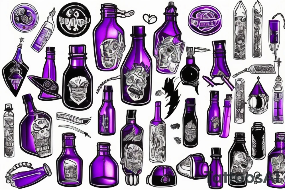 black magic bottle, purple bottle tattoo idea