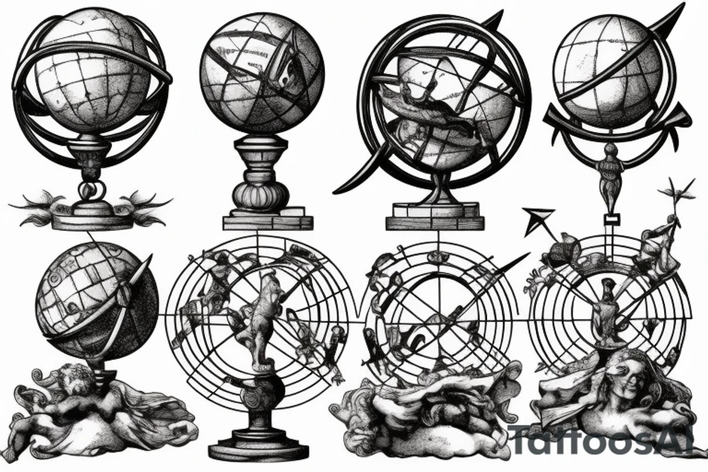 Stone statue of Atlas holding up an ornate armillary sphere tattoo idea