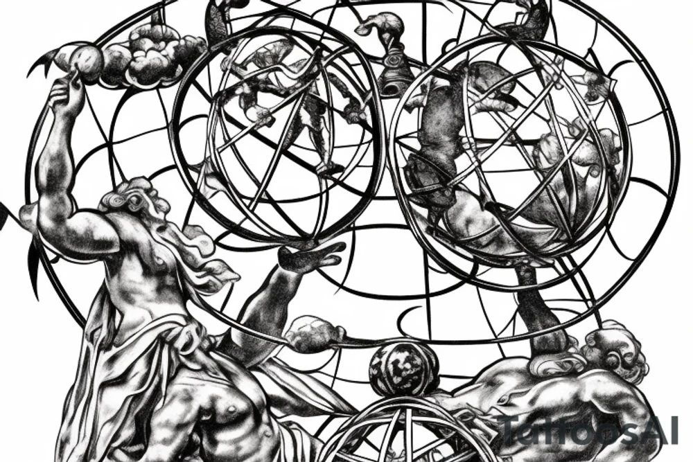 Stone statue of Atlas holding up an ornate armillary sphere tattoo idea
