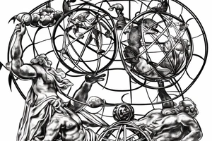 Stone statue of Atlas holding up an ornate armillary sphere tattoo idea