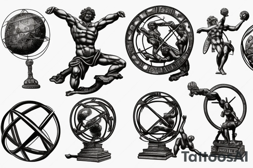 Stone statue of Atlas holding up an ornate armillary sphere tattoo idea