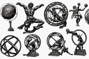 Stone statue of Atlas holding up an ornate armillary sphere tattoo idea