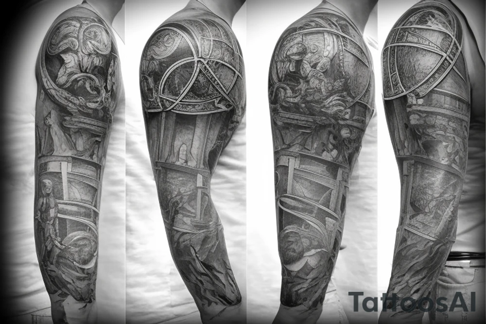 Stone statue of Atlas holding up an ornate armillary sphere tattoo idea