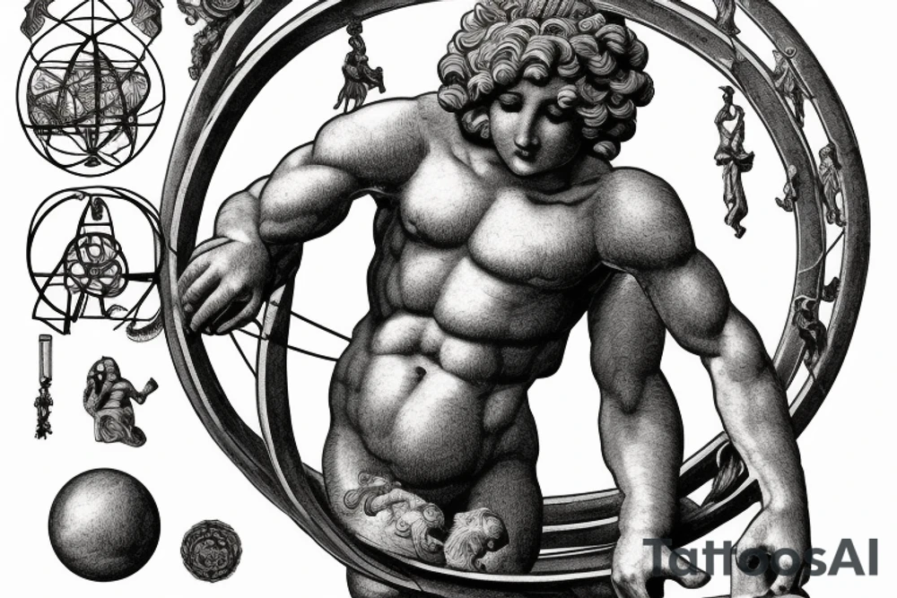 Stone statue of Atlas holding up an ornate armillary sphere tattoo idea