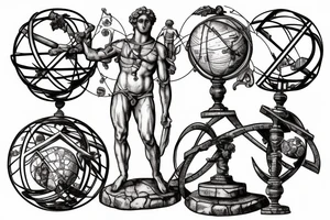 Stone statue of Atlas holding up an ornate armillary sphere tattoo idea