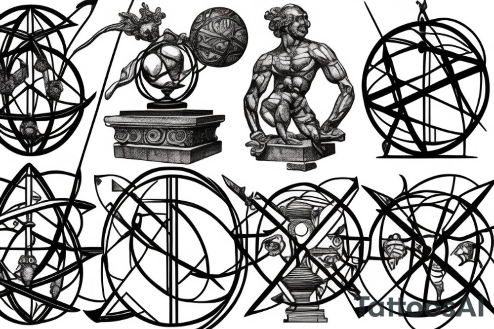Stone statue of Atlas holding up an ornate armillary sphere tattoo idea