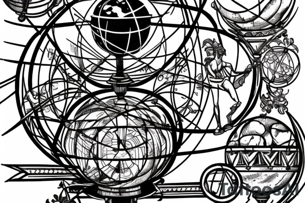 Stone statue of Atlas holding up an ornate armillary sphere tattoo idea