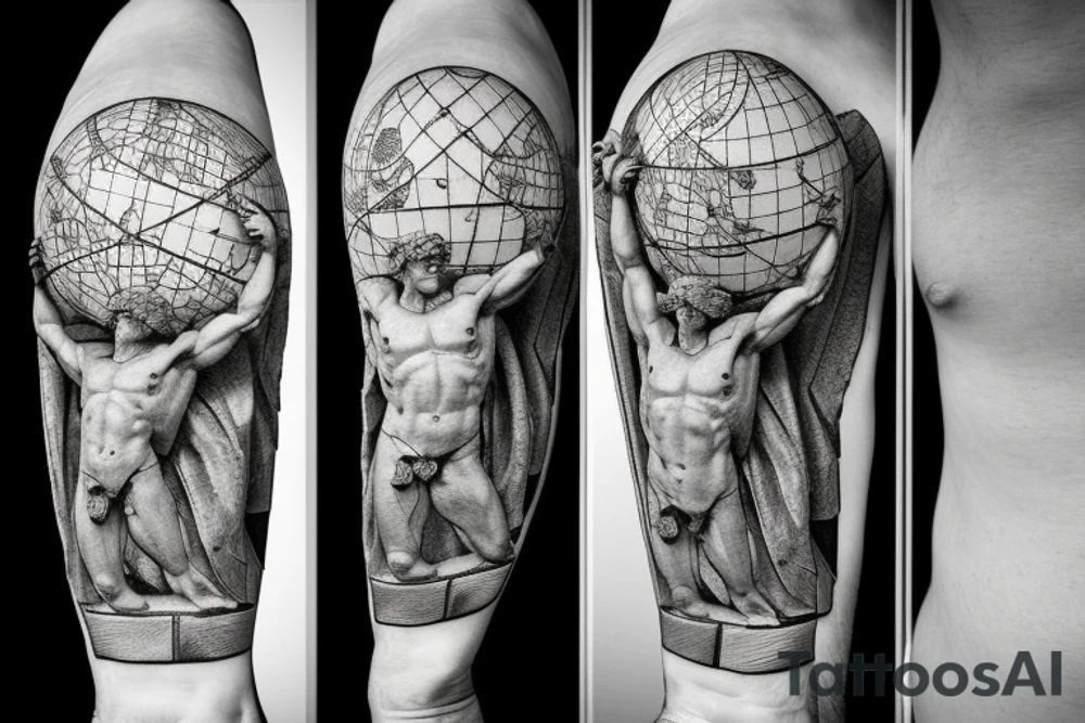 Stone statue of Greek god Atlas holding up an armillary sphere, fine line. tattoo idea