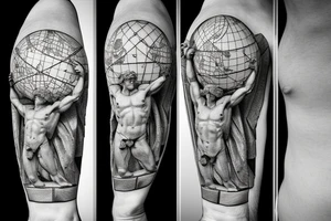 Stone statue of Greek god Atlas holding up an armillary sphere, fine line. tattoo idea