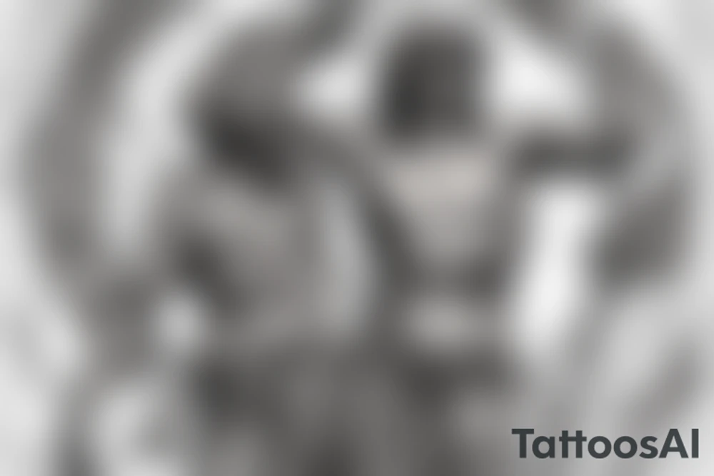 Stone statue of Greek god Atlas holding up an armillary sphere, fine line. tattoo idea
