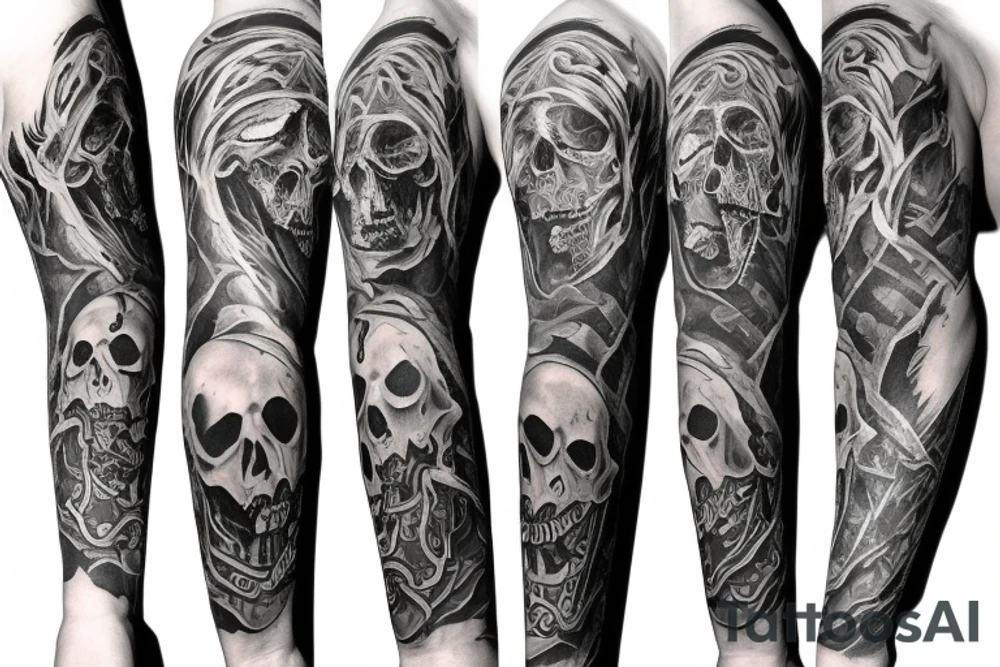 Full arm sleeve representing death, dark symbolism, mythology and gods tattoo idea