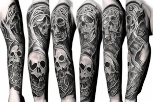 Full arm sleeve representing death, dark symbolism, mythology and gods tattoo idea