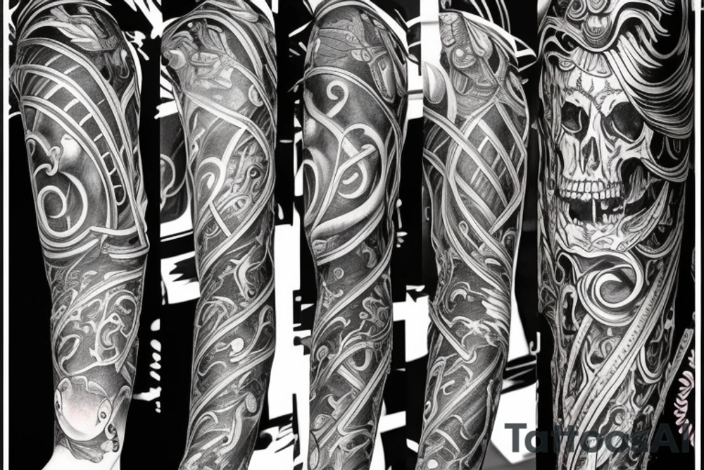 Full arm sleeve representing death, dark symbolism, mythology and gods tattoo idea