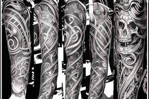 Full arm sleeve representing death, dark symbolism, mythology and gods tattoo idea