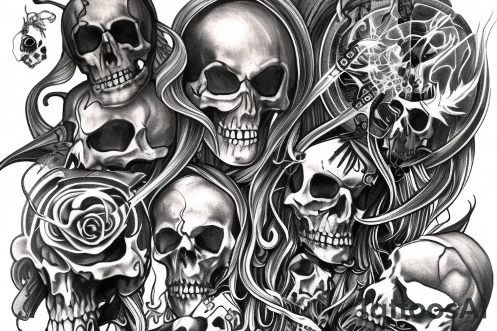 Full arm sleeve representing death, dark symbolism, mythology and gods tattoo idea