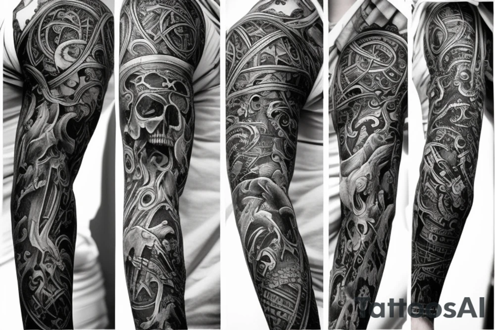 Full arm sleeve representing death, dark symbolism, mythology and gods tattoo idea