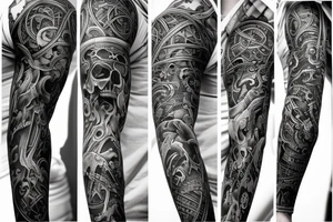 Full arm sleeve representing death, dark symbolism, mythology and gods tattoo idea