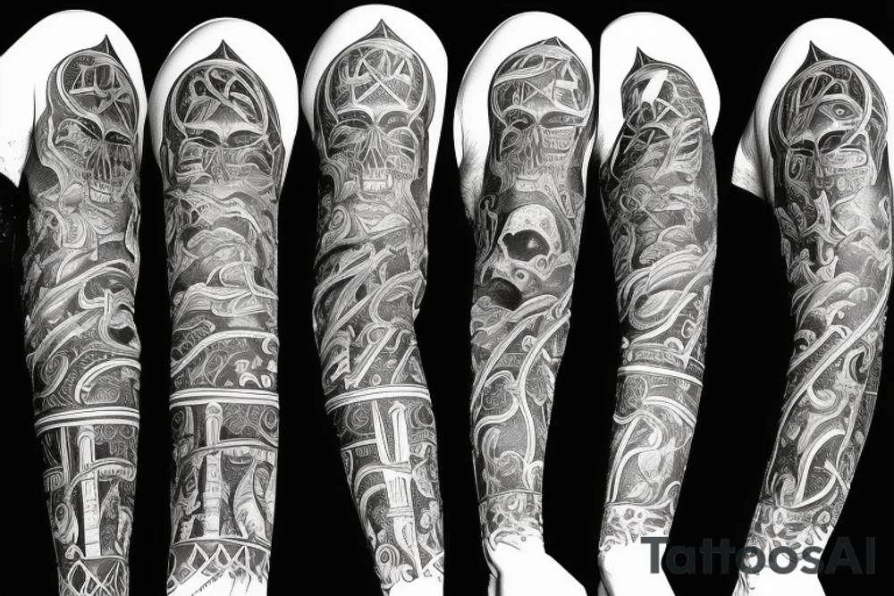 Full arm sleeve representing death, dark symbolism, mythology and gods tattoo idea