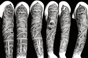 Full arm sleeve representing death, dark symbolism, mythology and gods tattoo idea