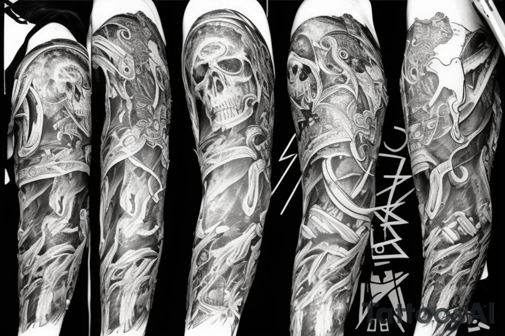 Full arm sleeve representing death, dark symbolism, mythology and gods tattoo idea