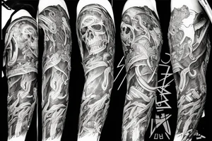 Full arm sleeve representing death, dark symbolism, mythology and gods tattoo idea
