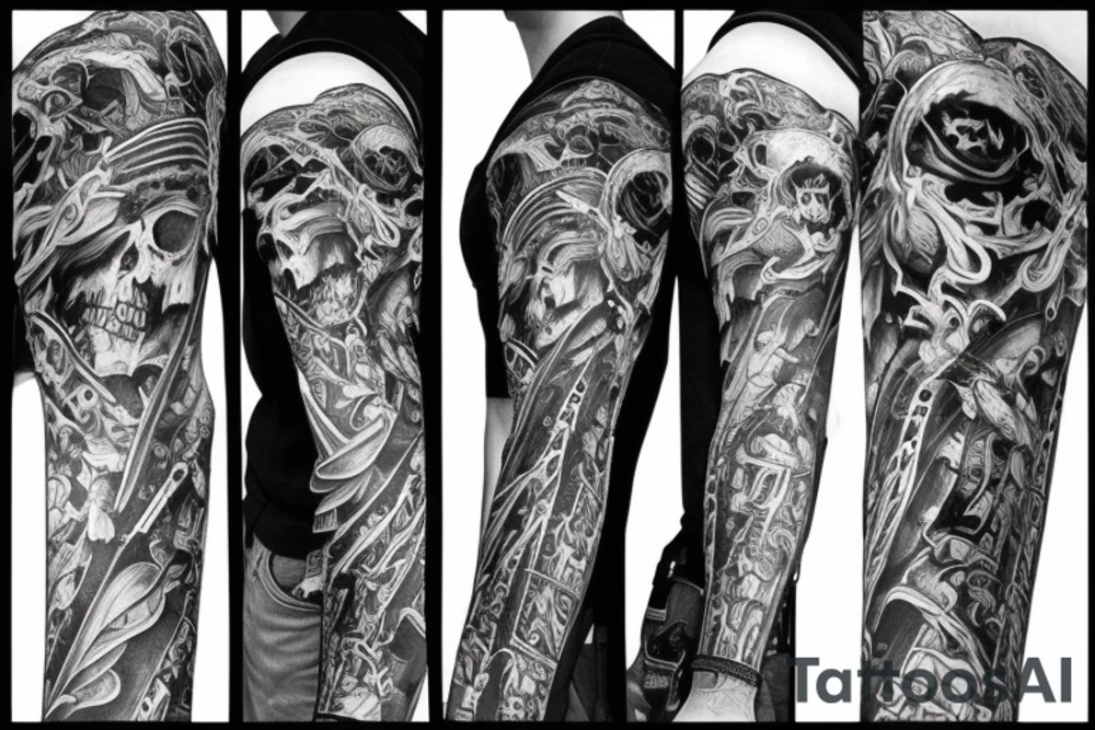 Full arm sleeve representing death, dark symbolism, mythology and gods tattoo idea