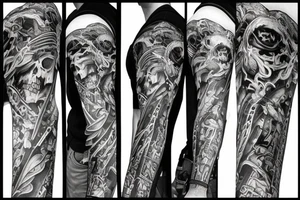Full arm sleeve representing death, dark symbolism, mythology and gods tattoo idea