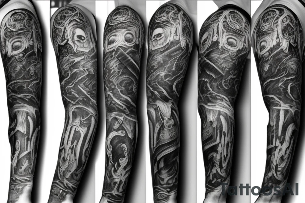 Full arm sleeve representing death, dark symbolism, mythology and gods tattoo idea