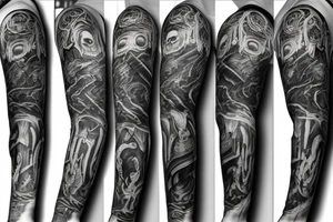 Full arm sleeve representing death, dark symbolism, mythology and gods tattoo idea