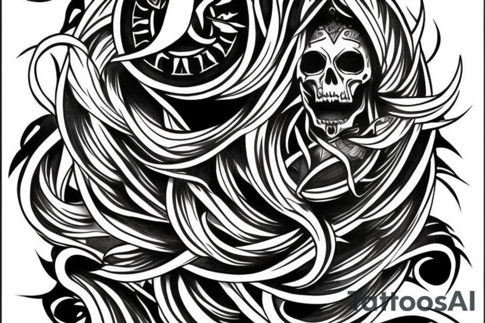 Full arm sleeve representing death, dark symbolism, mythology and gods tattoo idea