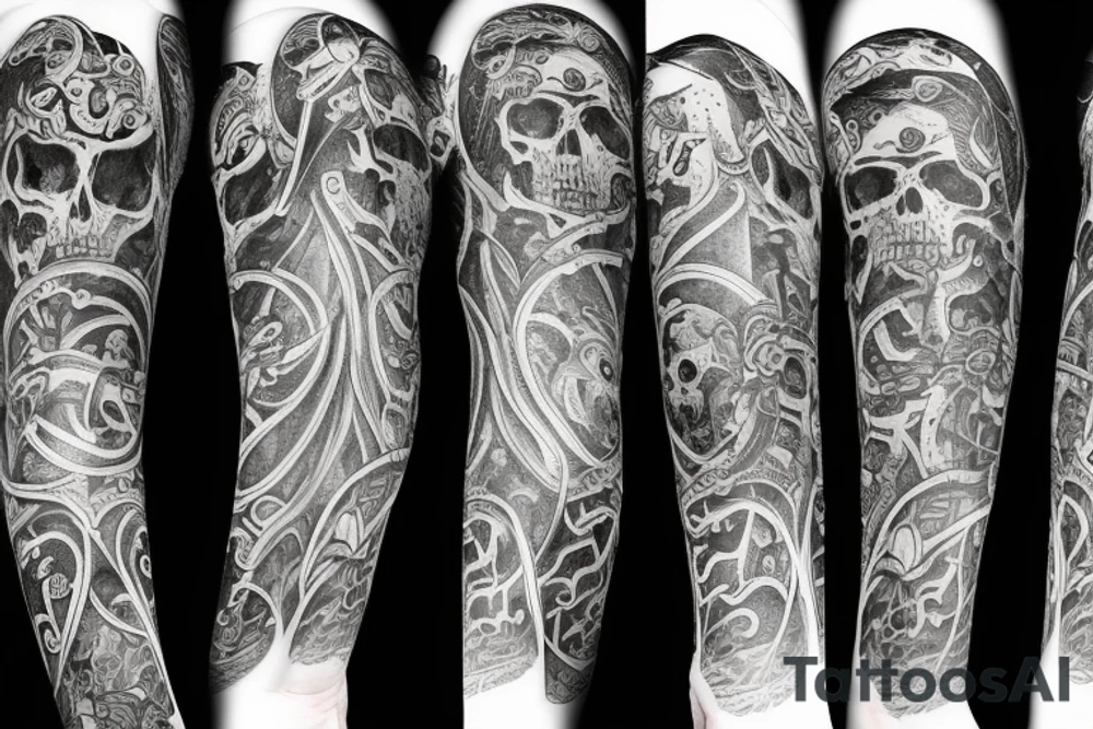 Full arm sleeve representing death, dark symbolism, mythology and gods tattoo idea