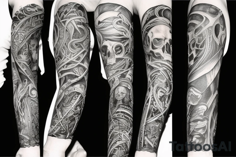 Full arm sleeve representing death, dark symbolism, mythology and gods tattoo idea