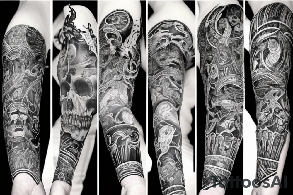 Full arm sleeve representing death, dark symbolism, mythology and gods tattoo idea