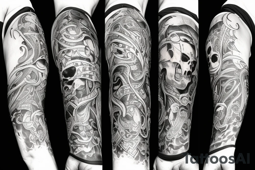 Full arm sleeve representing death, dark symbolism, mythology and gods tattoo idea