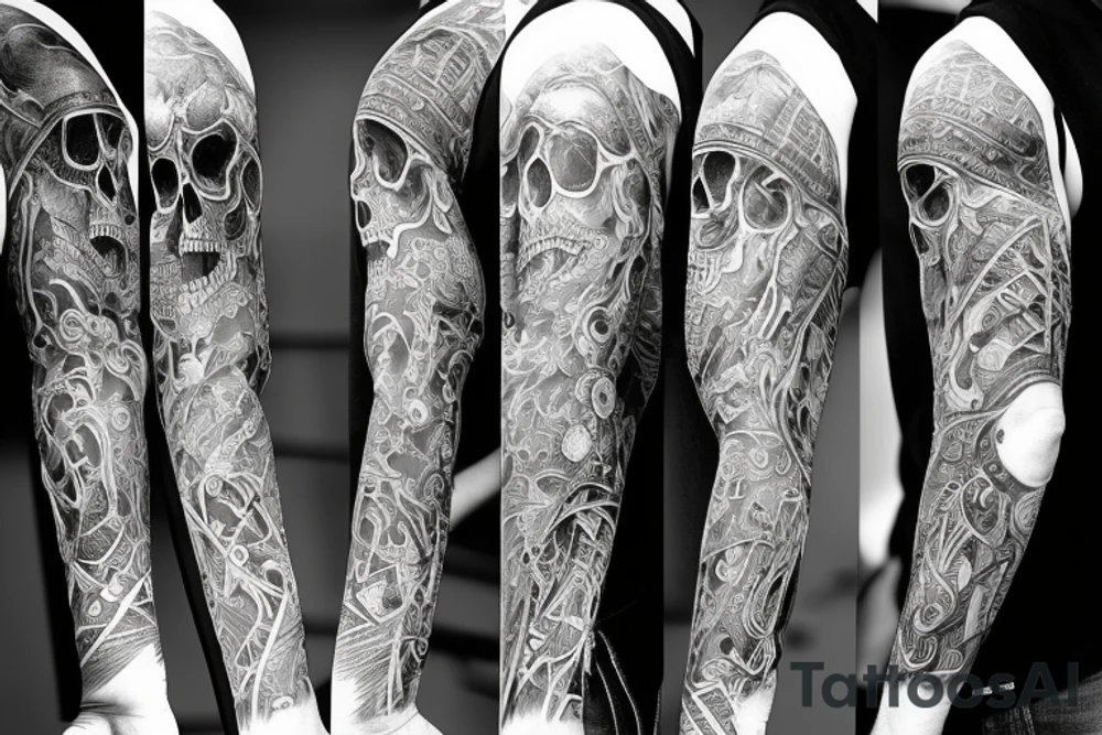 Full arm sleeve representing death, dark symbolism, mythology and gods tattoo idea