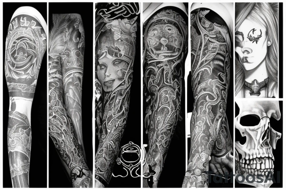 Full arm sleeve representing death, dark symbolism, mythology and gods tattoo idea