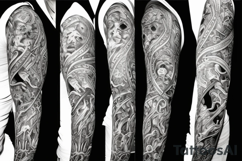 Full arm sleeve representing death, dark symbolism, mythology and gods tattoo idea