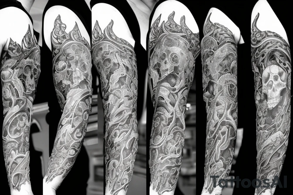 Full arm sleeve representing death, dark symbolism, mythology and gods tattoo idea