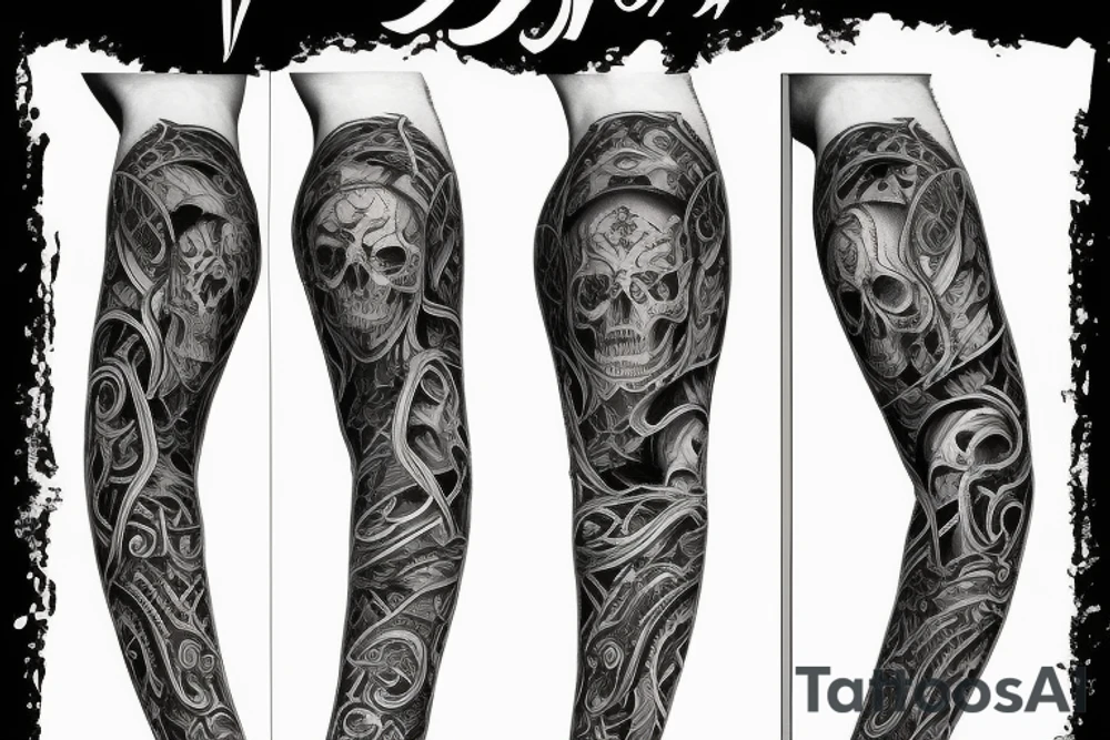 Full arm sleeve representing death, dark symbolism, mythology and gods tattoo idea